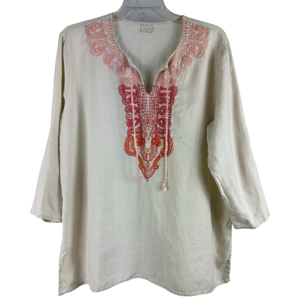 Symple NYC 100% Linen Tunic Shirt Women's Coastal Tribal Boho Hippie Nautical